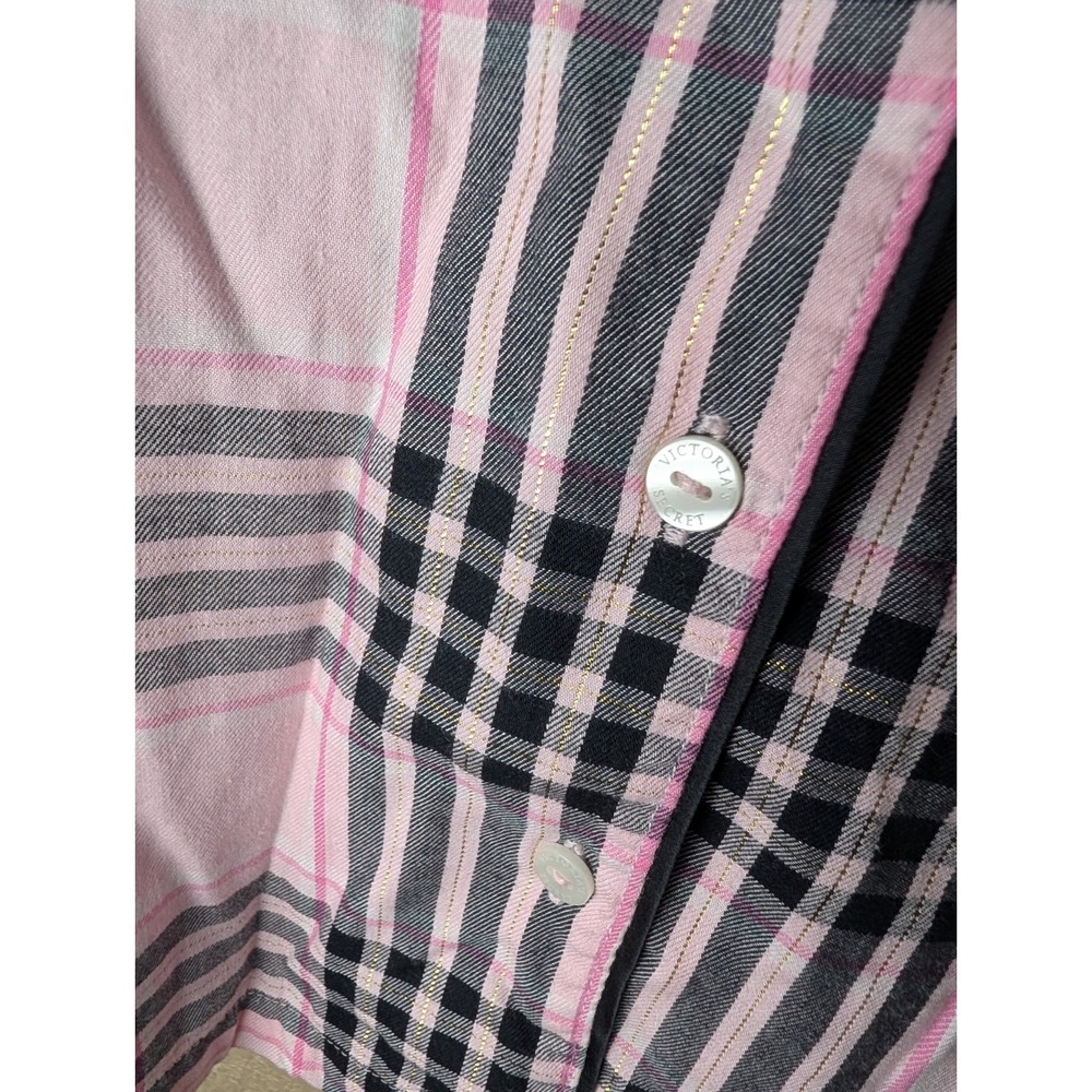 Victorias Secret Pink Black Plaid Button Down Flannel Pajama Shirt Sz M Leisure - Picture 5 of 9